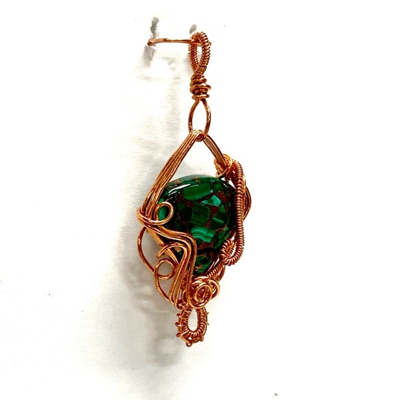 HANDCRAFT Malachite Copper Hand Wrapped Copper Freeform Pendant, Artisan Jewelry - Picture 9 of 10